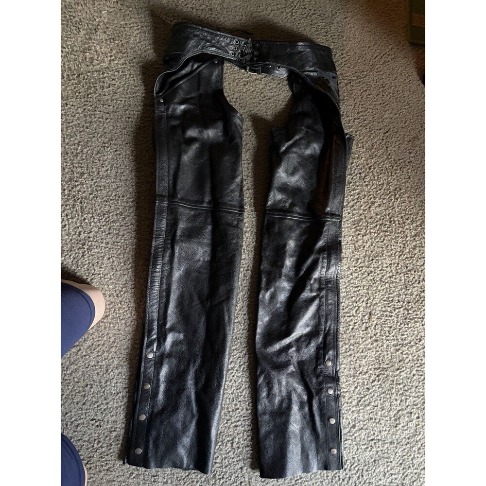 Leather Gallery Unisex Black Leather Motorcycle Biker Chaps- Size SMALL